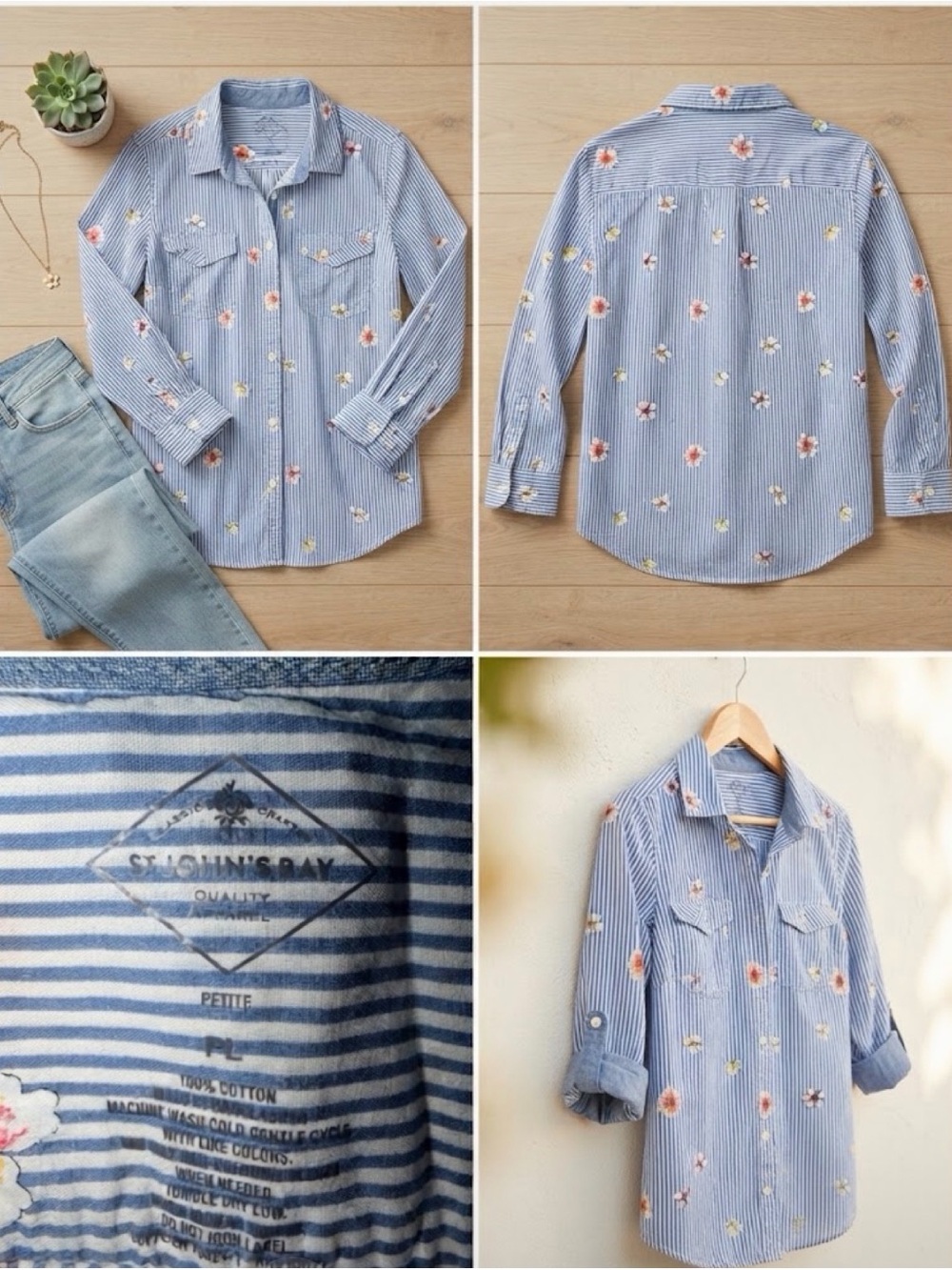 🌸 St. John's Bay Blue Striped Floral Button-Down Shirt 💙